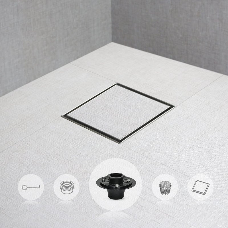SaniteModar Square Shower Drain 6 inch with Shower Drain Base, Tiled Stealth and 304 Stainless Steel Brushed Chrome 2 in 1 Panels,Includes Hair Strainer and Threaded Adapter - Image 1